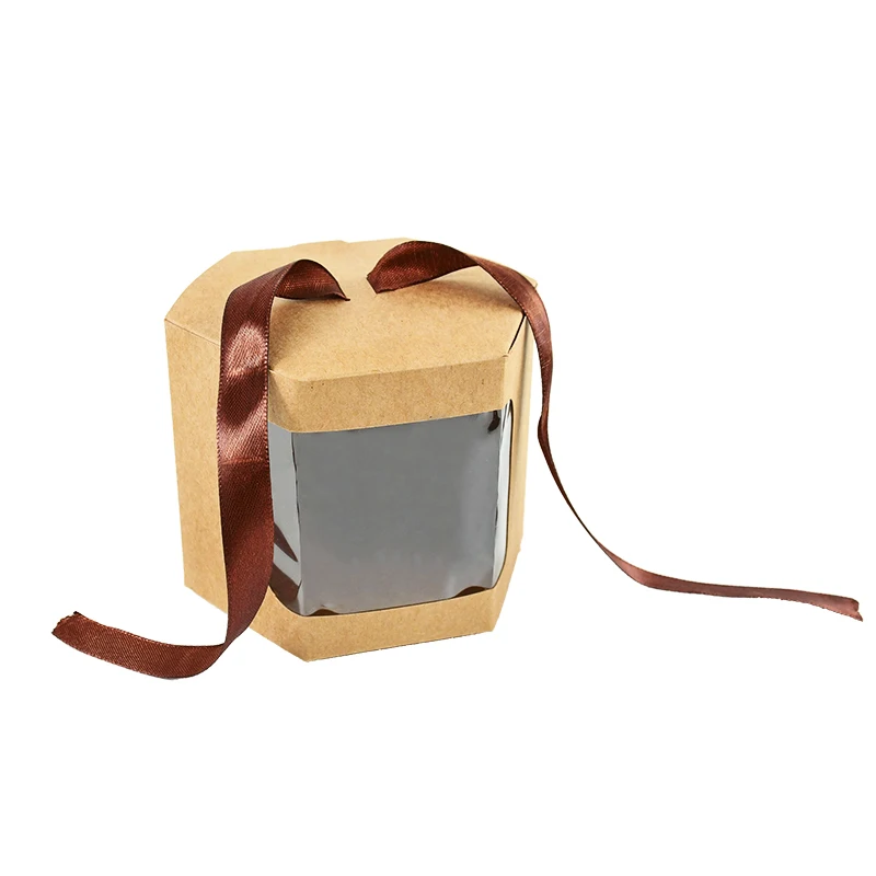 5Pcs Hexagon Kraft Paper Gift Boxes with Transparent Window, Brown and White Dessert Packaging Containers for Baking, Wedding Favors, Candy, Chocolates, and Party Gift Presentation