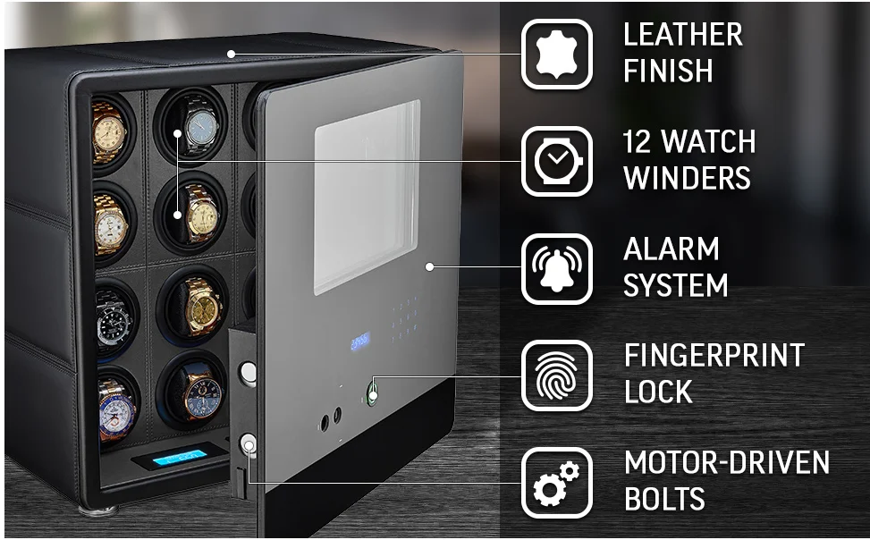 Automatic Watch Winder Safe Box with 6/9/12 Slots, Intelligent Rotation Programs 650–1950 TPD, Carbon Steel Hidden Strongbox with Fingerprint Unlock, Digital Code, Key Access, Alarm and Security Glass - 图片 8