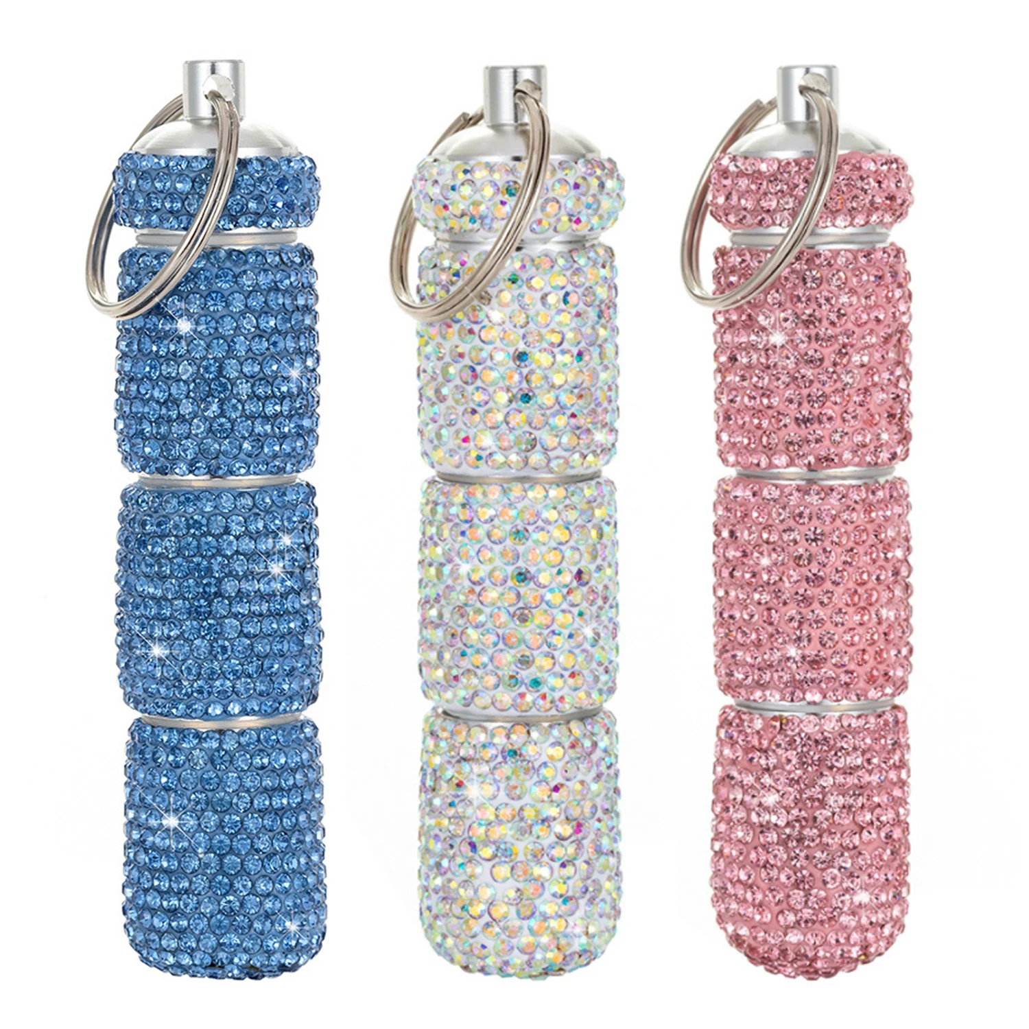 Bling Rhinestone Pill Case, Portable Waterproof Travel Pill Holder with Keychain, Small Pill Organizer Box for Purse or Pocket, Cute Crystal Pill Storage Container for Vitamins or Medication