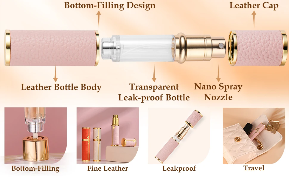 5ml PU Leather Mini Atomizer Spray Bottle, Travel-Friendly Refillable Metal Perfume Container with Bottom Filling, Tight Sealing, Portable Cosmetic Liquid Storage for Boarding or Daily Use