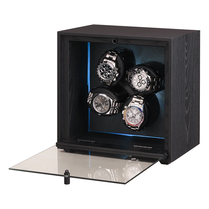 Luxury Automatic Watch Winder Box with 4/8/12 Slots – Black Wood Grain Finish, Ultra-Quiet Mabuchi Motor, Adjustable Rotation Settings, and Built-in RGB Ambient Lighting for Premium Watch Storage