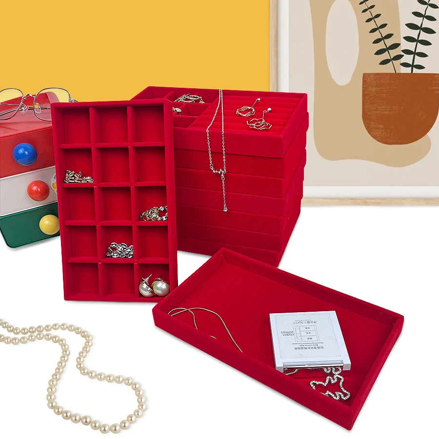 Flocking Jewelry Box Tray Velvet Organizer | Elegant Red Jewelry Packaging Display Box for Rings Earrings Bracelets | Custom Logo Gift Box Storage Packaging Flocking Jewelry Box Tray Velvet Organizer | Elegant Red Jewelry Packaging Display Box for Rings Earrings Bracelets | Custom Logo Gift Box Storage Packaging