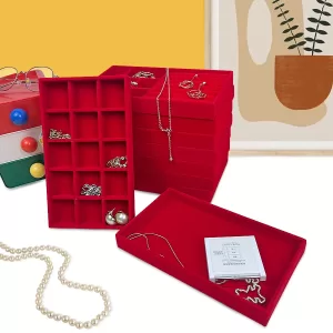 Flocking Jewelry Box Tray Velvet Organizer | Elegant Red Jewelry Packaging Display Box for Rings Earrings Bracelets | Custom Logo Gift Box Storage Packaging