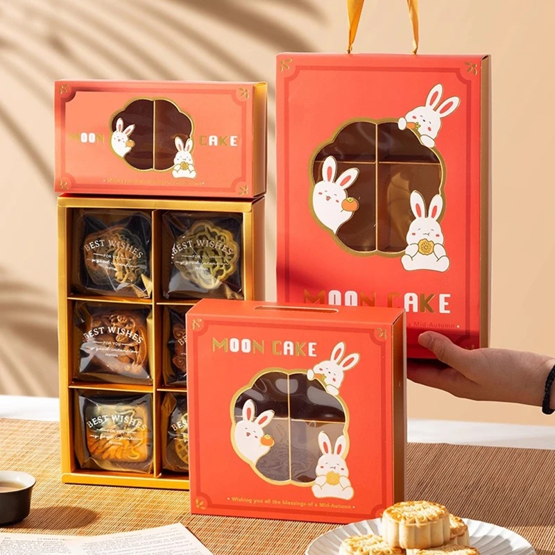 5pcs Mooncake Gift Boxes, Premium Cardboard Mid-Autumn Festival Packaging with Gold Foil Design, Handle for Easy Carrying, Perfect for Mooncakes, Chocolates, Egg Yolks, and Autumn Festival Gifts - 图片 2