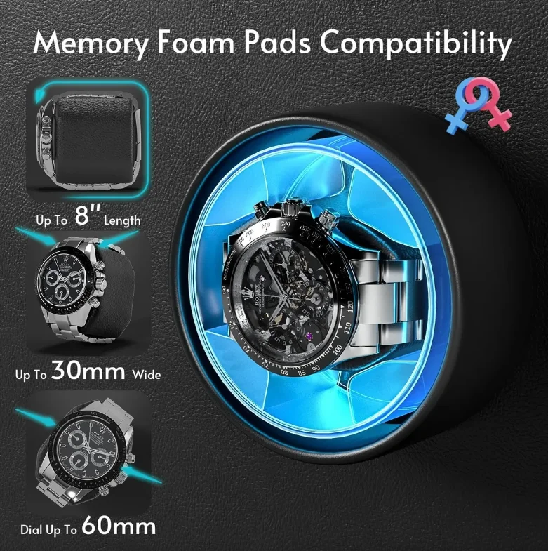 Automatic Watch Winder Box for Luxury Timepieces with 4 Slots, Ultra Quiet Japanese Motor, LED Blue Light, 6 Rotation Modes, Black Walnut Finish, PU Interior, Cover Stop Sensor, AC Adapter and Accessories 2