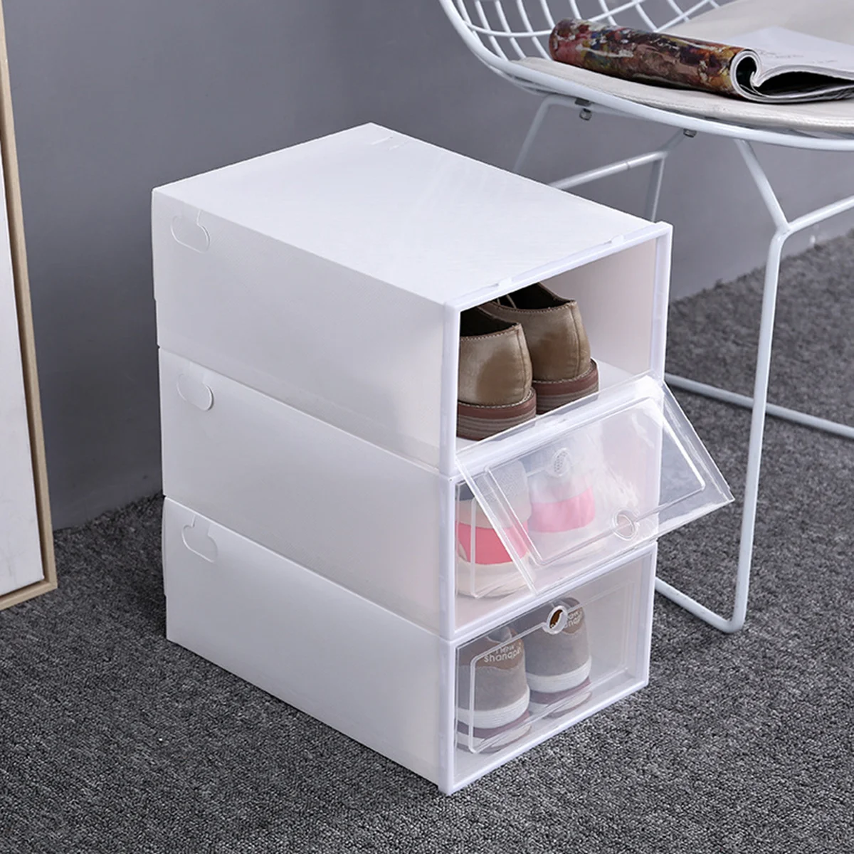 6PCS Thickened Drawer-Type Shoe Storage Boxes, Transparent Stackable Shoe Organizer for Closet Display, Dustproof & Moisture-Resistant Shoe Containers for Heels, Sneakers, Boots (White, Random Frame Color) - 图片 5