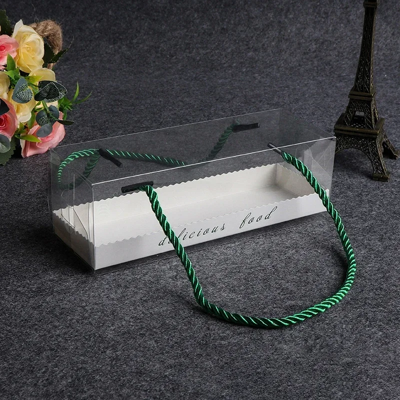 1PCS Clear PET Cake Box with Handle, Long Transparent Cupcake Roll Container Dessert Gift Packaging Holder, Food Grade Portable Bakery Box for Swiss Roll, Pastries, and Party Treats 18.2x6.3x6.3cm - 图片 8