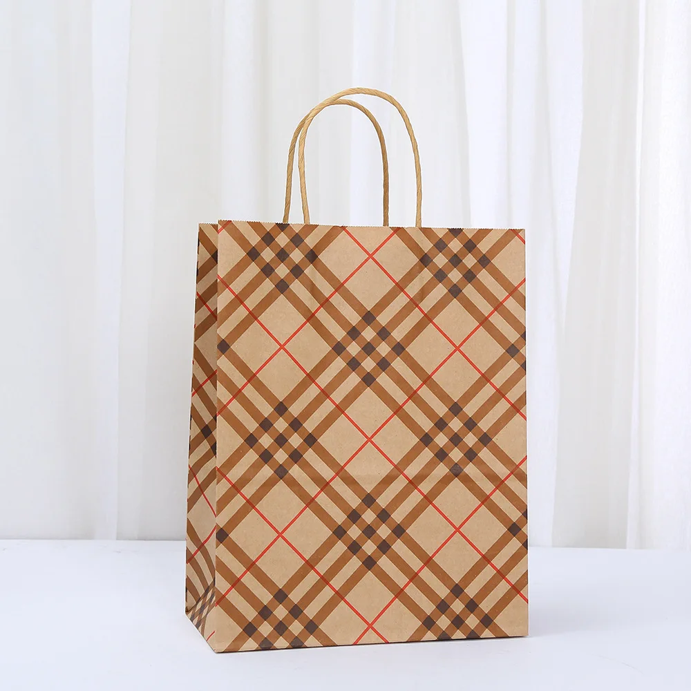 20PCS Retro Plaid Kraft Paper Gift Bags with Twisted Handles, Stylish Reusable Tote Bags for Shopping, Party Favors, Small Business Packaging, Boutique Gifts, Eco-Friendly and Durable 3