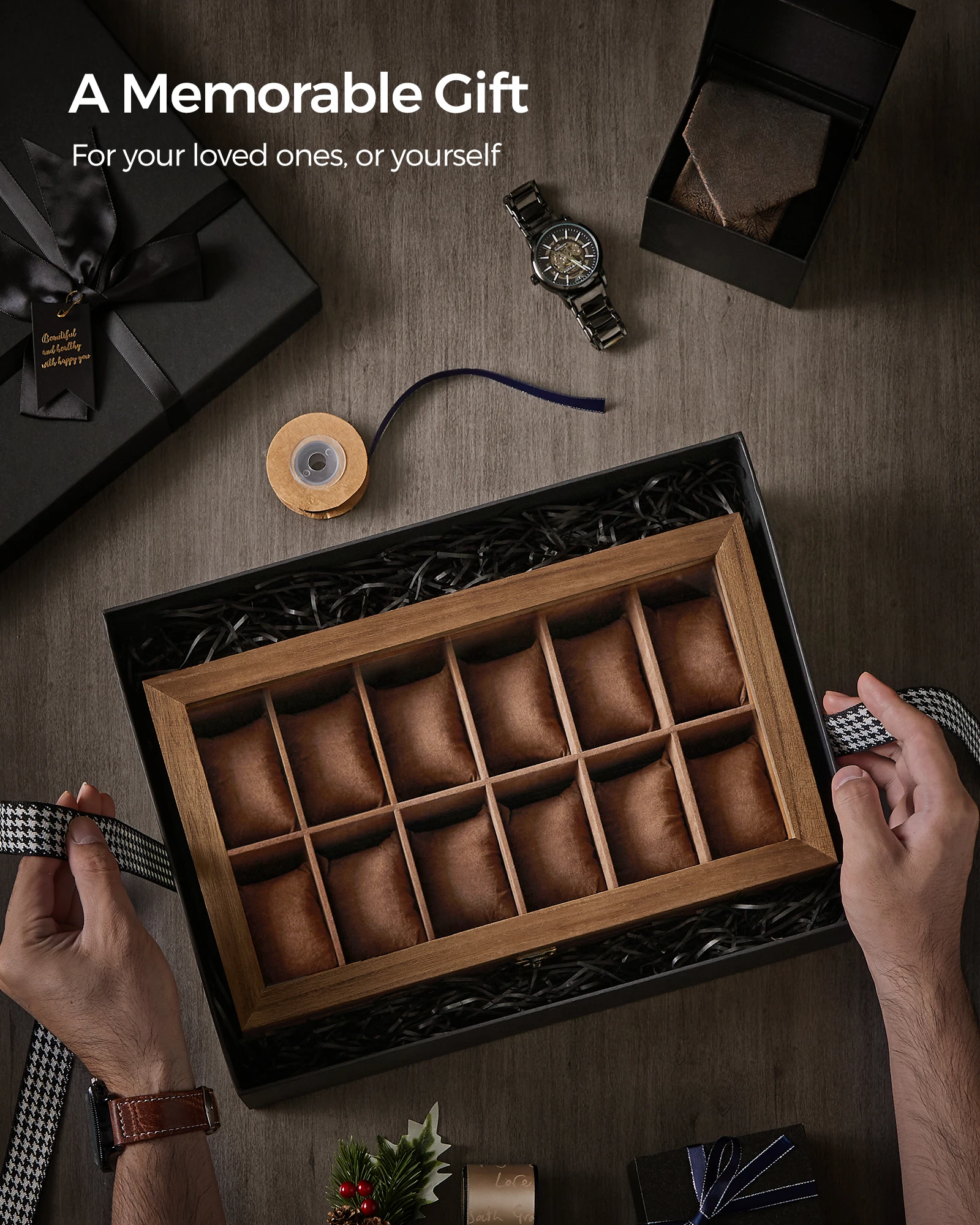 12-Slot Two-Tier Watch and Jewelry Box with Large Glass Lid, Velvet-Lined Compartments, Removable Watch Pillows, Rustic Wooden Display Case for Dresser, Home, and Boutique Storage – Elegant Gift Idea 6