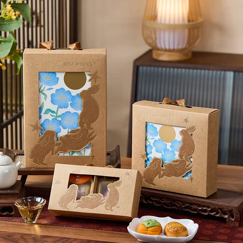 5pcs Mooncake Gift Boxes, Premium Cardboard Mid-Autumn Festival Packaging with Gold Foil Design, Handle for Easy Carrying, Perfect for Mooncakes, Chocolates, Egg Yolks, and Autumn Festival Gifts - 图片 5