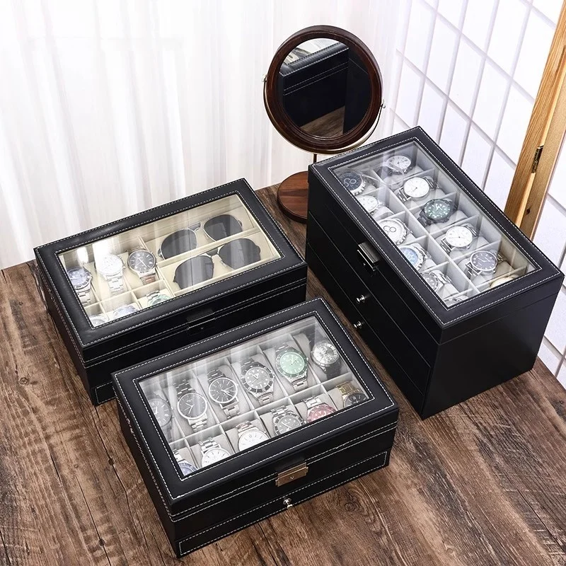 12-Slot PU Leather Lockable Watch Storage Box with Two-Tier Organizer, Secure Jewelry Display Drawer Case for Men and Women Featuring Soft Interior, Elegant Travel and Home Storage Solution for Luxury Accessories