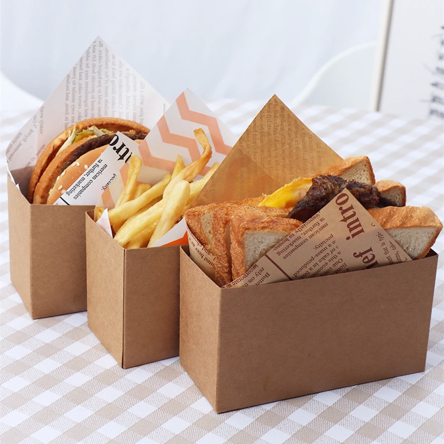 50pcs/100pcs Sandwich and Hamburger Paper Packaging Boxes, Oilproof Burger, Fries, Donut Disposable Paper Bags, Baking Accessories, Fast Food Takeout, Snack Holder, Party Catering, Eco-Friendly