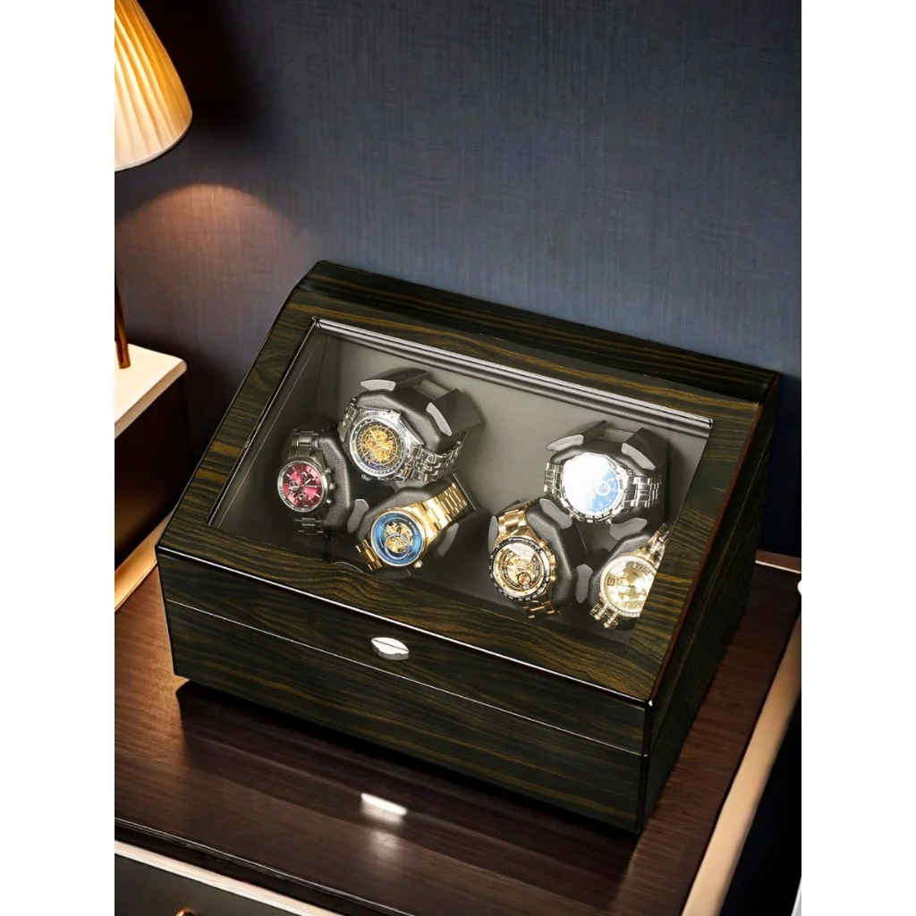 Automatic Wooden Style Watch Winder Box 3+3 / 6+6 Slots with Blue LED Lighting, Quiet Mabuchi Motor, Lid Sensor Stop Function, MDF + PU Leather Organizer Case for Mechanical Watches, Gift Display Storage - 图片 2