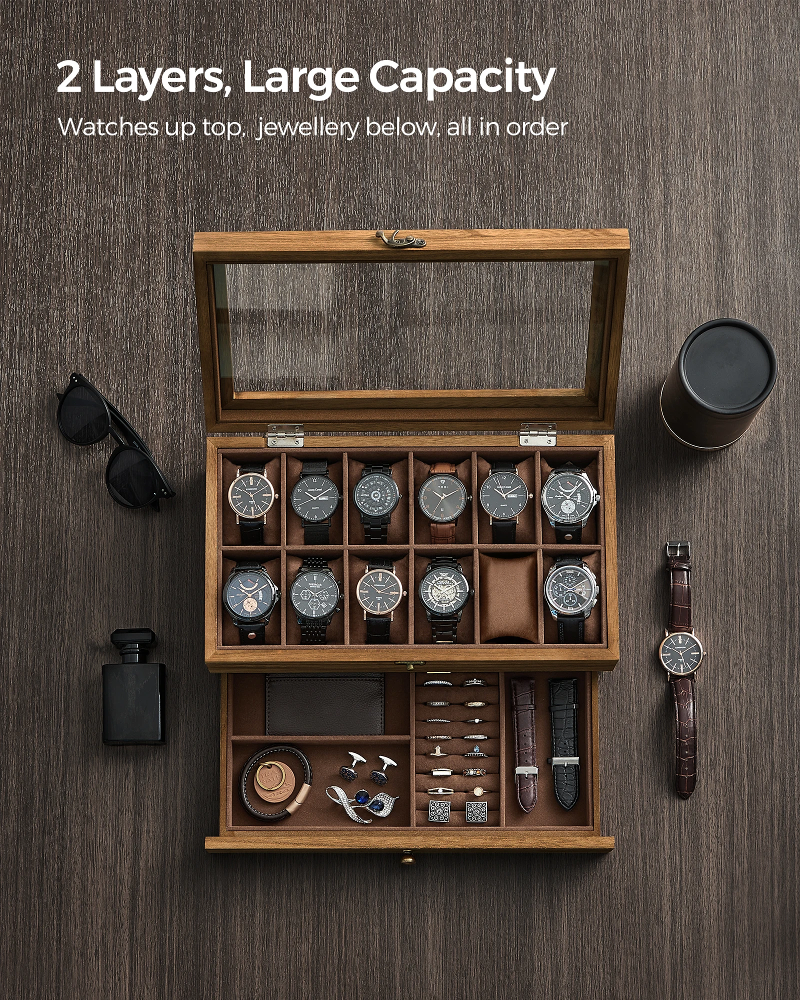 12-Slot Two-Tier Watch and Jewelry Box with Large Glass Lid, Velvet-Lined Compartments, Removable Watch Pillows, Rustic Wooden Display Case for Dresser, Home, and Boutique Storage – Elegant Gift Idea - 图片 3