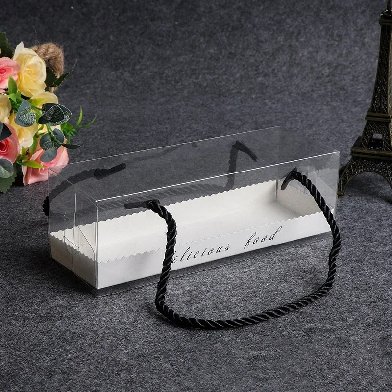 1PCS Clear PET Cake Box with Handle, Long Transparent Cupcake Roll Container Dessert Gift Packaging Holder, Food Grade Portable Bakery Box for Swiss Roll, Pastries, and Party Treats 18.2x6.3x6.3cm - 图片 10