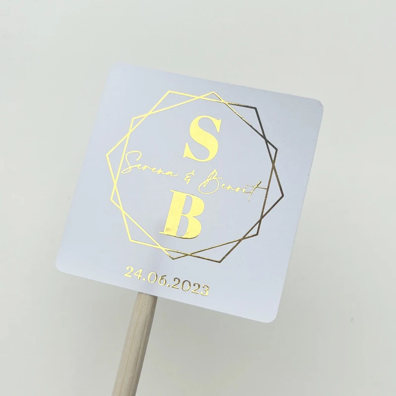 Personalized Metallic Gold Foil Stickers – Custom Printed Wedding Labels, Baptism Party Tags, Birthday Favor Decals, Baby Shower Seals, Transparent Adhesive Logos with Your Own Design, 100pcs 4–6CM