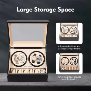 Travel Watch Winder | Automatic Watch Winder Case 4+6 Display Slots, Silent Motor Leather & Wood Organizer Box with Piano Finish, Dual Rotation Modes, Glass Cover, Black/Khaki Modern Collector Storage with US Plug