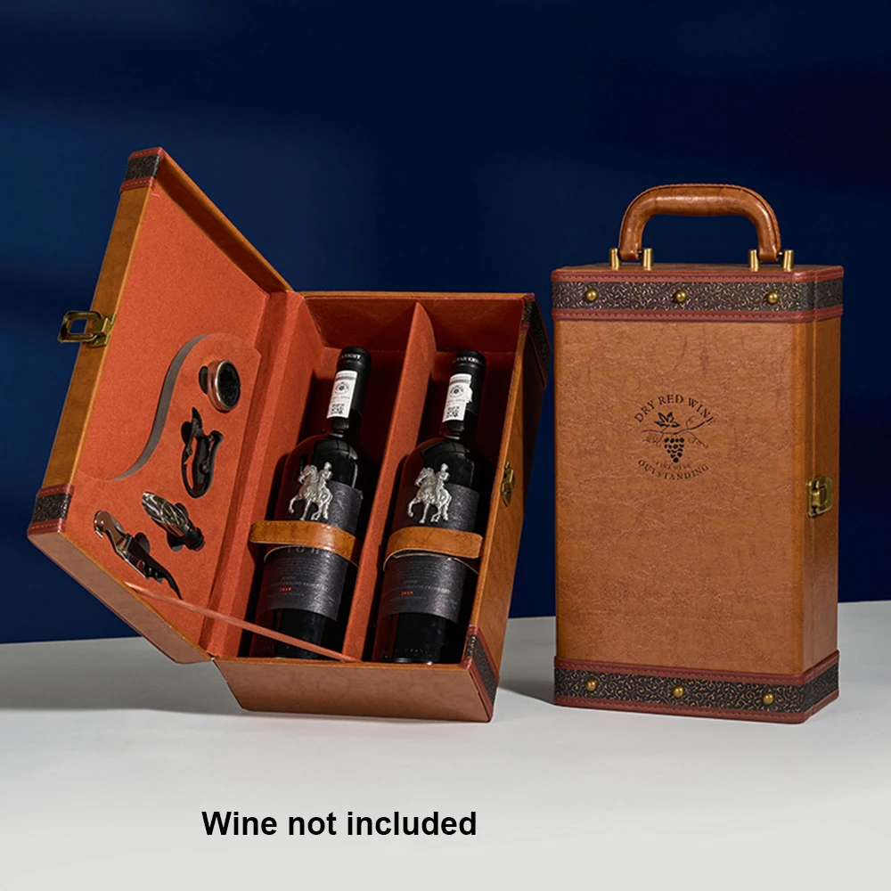 2 Bottle Wine Gift Box with 4 Accessories Set – PU Leather Portable Wine Carrier Tote, Dual Bottle Storage and Presentation Box for Home Display, Business Gifting, and Wine Collection - 图片 8