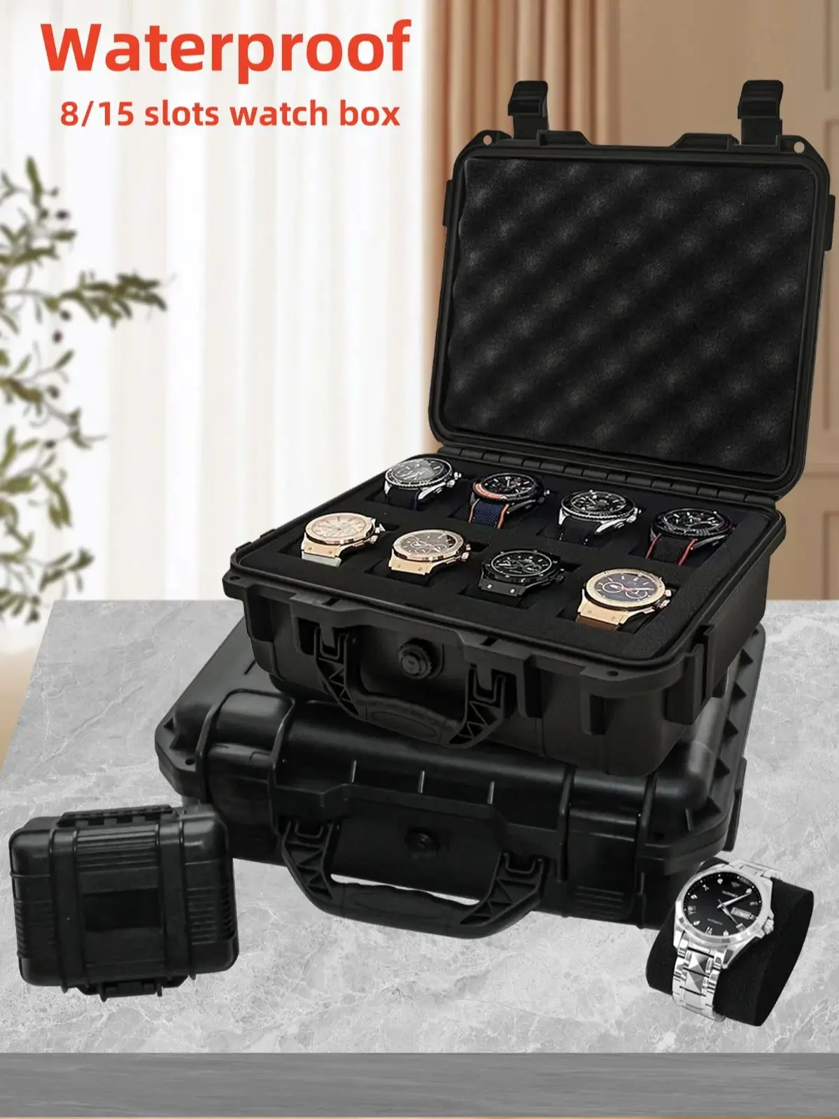 Premium 8/15 Slot Waterproof Watch Storage Box – Portable High-End Collection Case with Anti-Mildew, Moisture-Proof Sponge, Durable Protective Lid for Watches, Jewelry, and Accessories, Ideal for Travel and Home Display