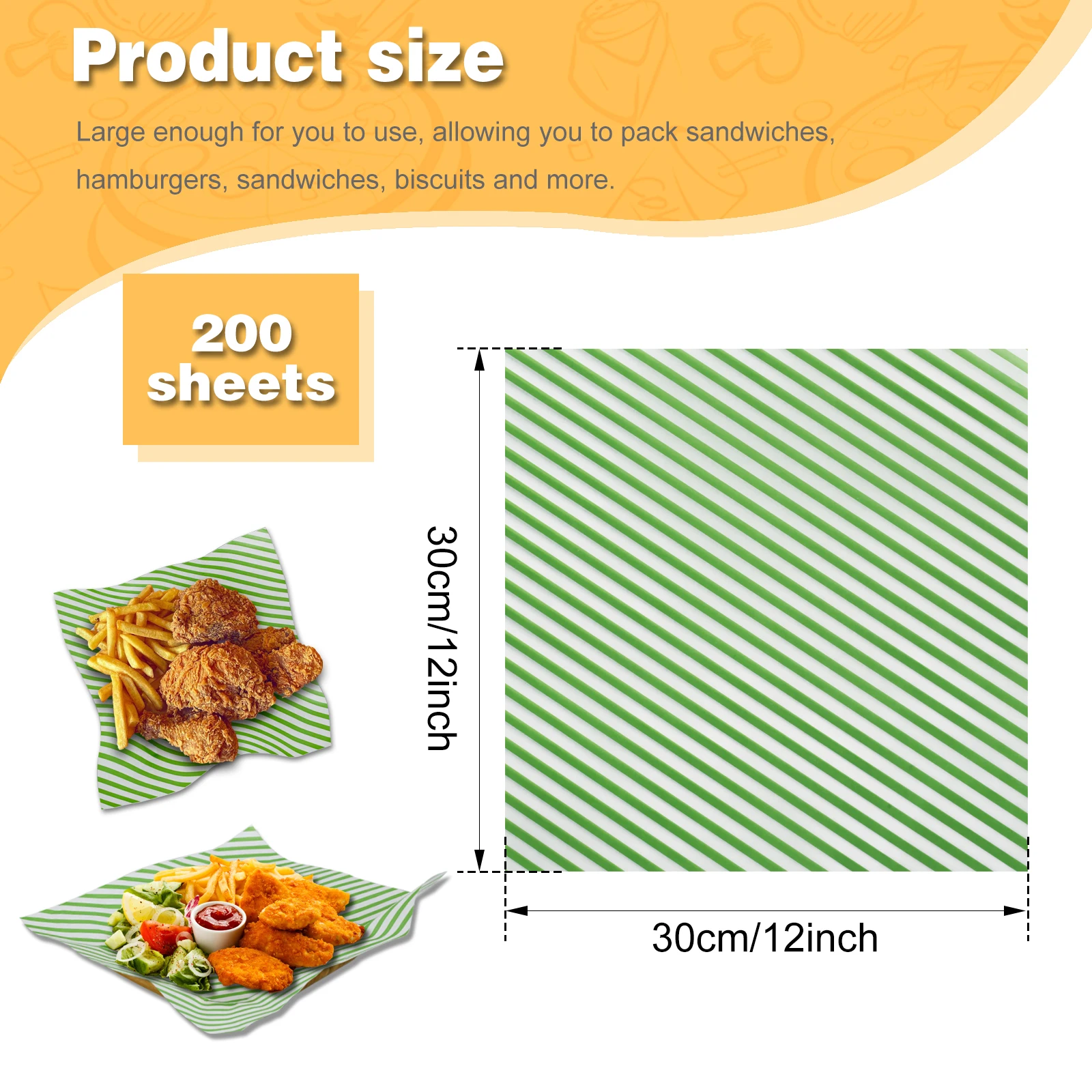 200 Sheets Food Wrapping Paper Striped Print Oil-Resistant Dry Waxed Deli Paper for Sandwiches, Fries, Hot Dogs, Hamburgers, Snacks, Cafeteria, Restaurant, Picnic, Party Use - 图片 2