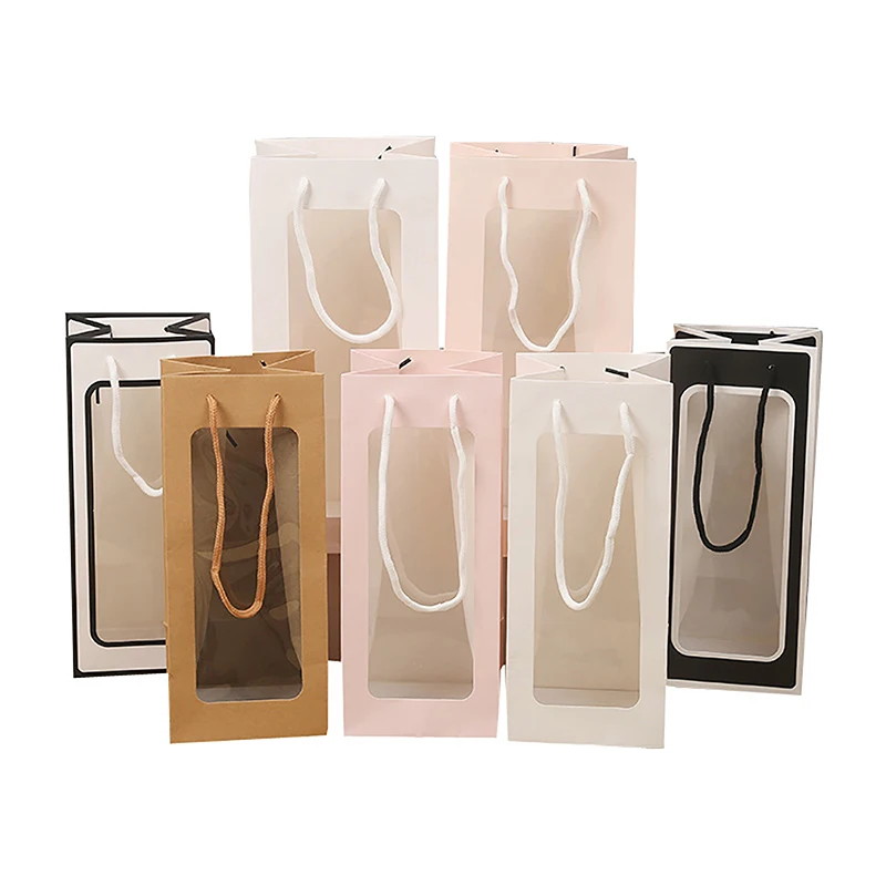 Single Bottle Kraft Paper Wine Gift Bag with Transparent PVC Window, Reusable Rectangular Tote for Flower, Doll or Wine Packaging, Eco-Friendly Paperboard Carry Bag for Parties, Shops, and Gifts