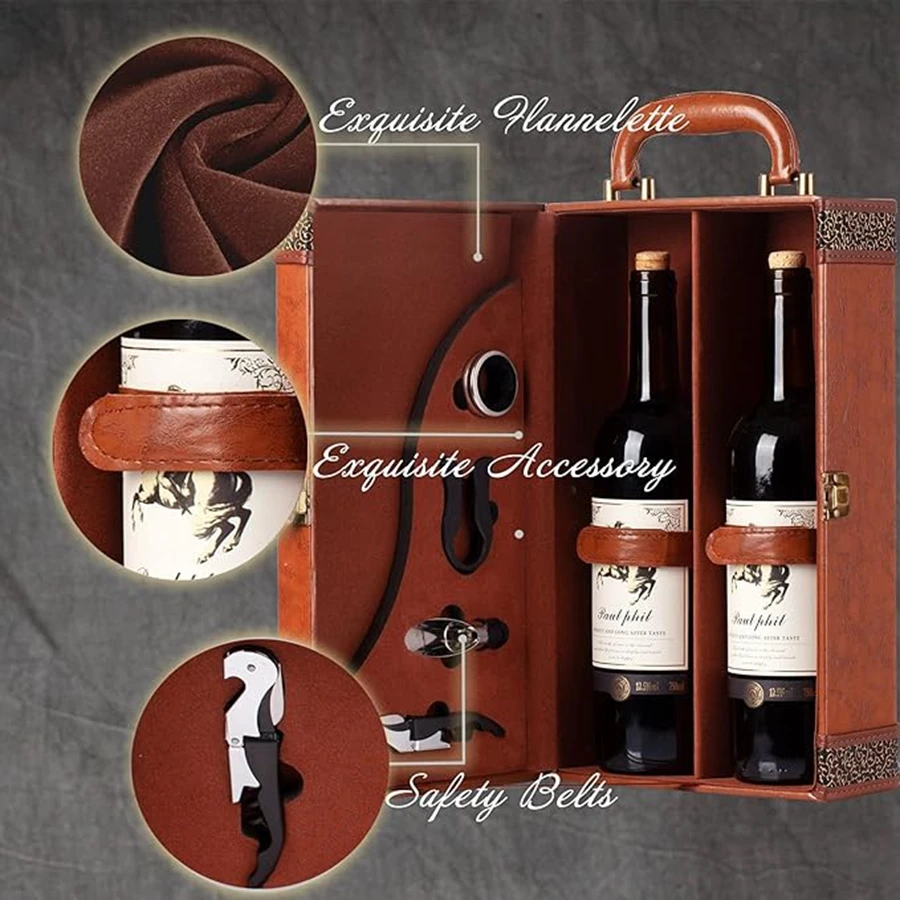 2 Bottle Wine Gift Box with 4 Accessories Set – PU Leather Portable Wine Carrier Tote, Dual Bottle Storage and Presentation Box for Home Display, Business Gifting, and Wine Collection 1