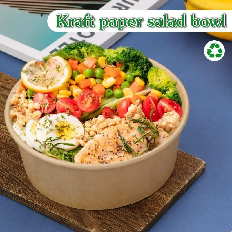 10-Pack Kraft Paper Salad Bowls with Lids Biodegradable Disposable Tableware for Meal Prep Takeout Bento Food Containers Eco-Friendly Portable 500ml 750ml 1000ml 2