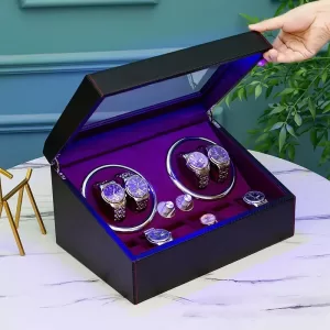Ultra-Quiet Automatic Watch Winder Box with LED Lighting, Rotating Display for Mechanical Watches, Luxury Organizer Storage Case for Multiple Timepieces, Elegant Gift Choice for Collectors