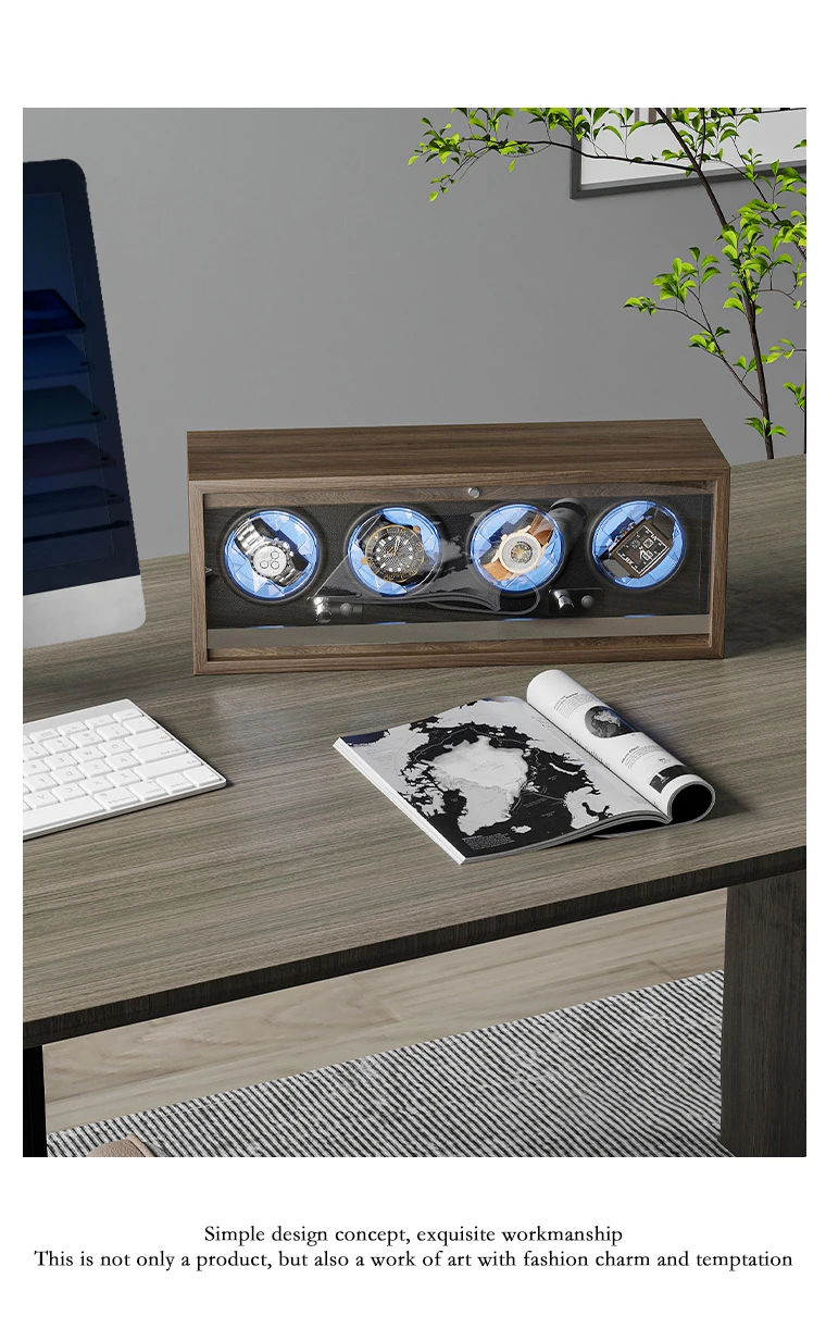 Luxury 4-Slot Automatic Watch Winder Box with High-Precision Japanese Motor, Premium Wooden Construction, Soft Memory Foam Cushions, LED Illumination, Lid Stop Function, Universal AC/USB Powered, Ideal Display Case for Mechanical Watches 3