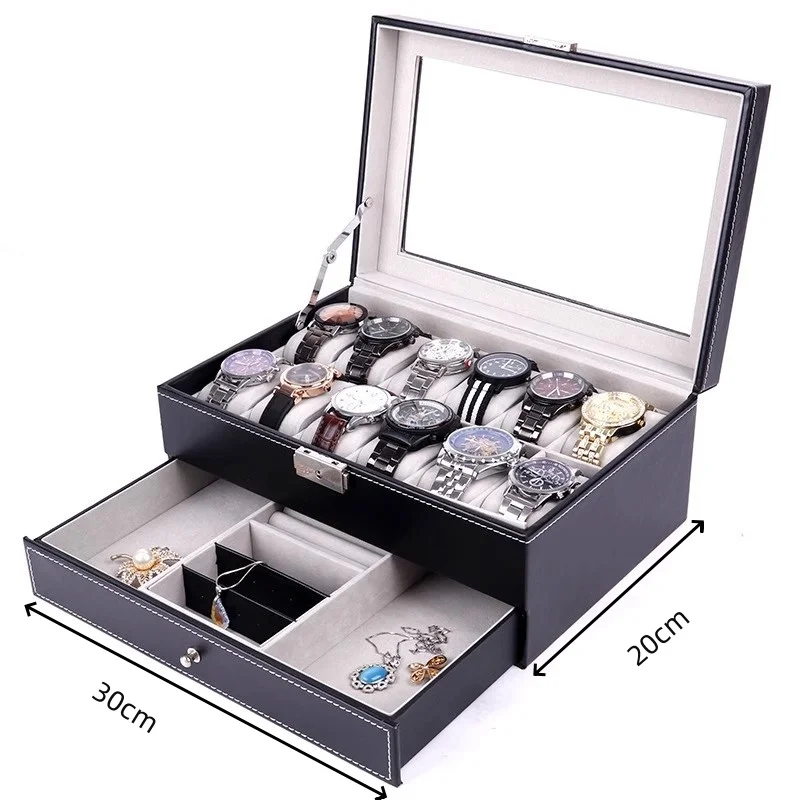 12-Slot PU Leather Lockable Watch Storage Box with Two-Tier Organizer, Secure Jewelry Display Drawer Case for Men and Women Featuring Soft Interior, Elegant Travel and Home Storage Solution for Luxury Accessories - 图片 7