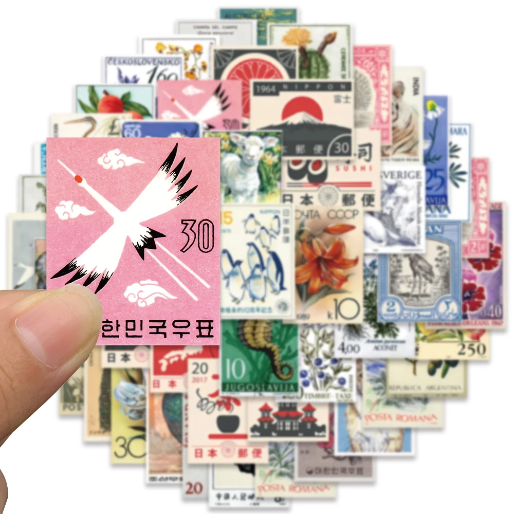 50pcs Vinyl Laptop Decals Aesthetic Retro Cartoon Stamp Style Stickers, Waterproof Graffiti Stickers for Laptop, Water Bottle, Luggage, Skateboard, Car, and DIY Decorative Packaging