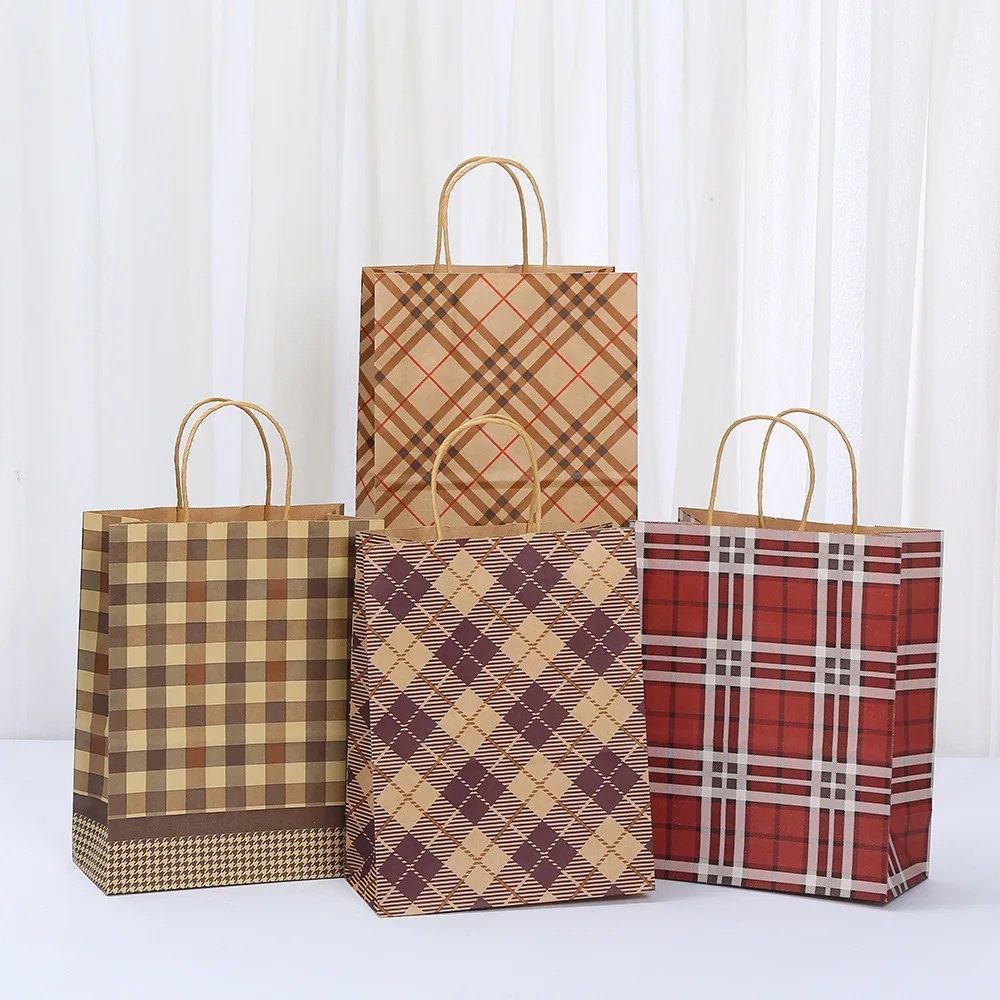 20PCS Retro Plaid Kraft Paper Gift Bags with Twisted Handles, Stylish Reusable Tote Bags for Shopping, Party Favors, Small Business Packaging, Boutique Gifts, Eco-Friendly and Durable