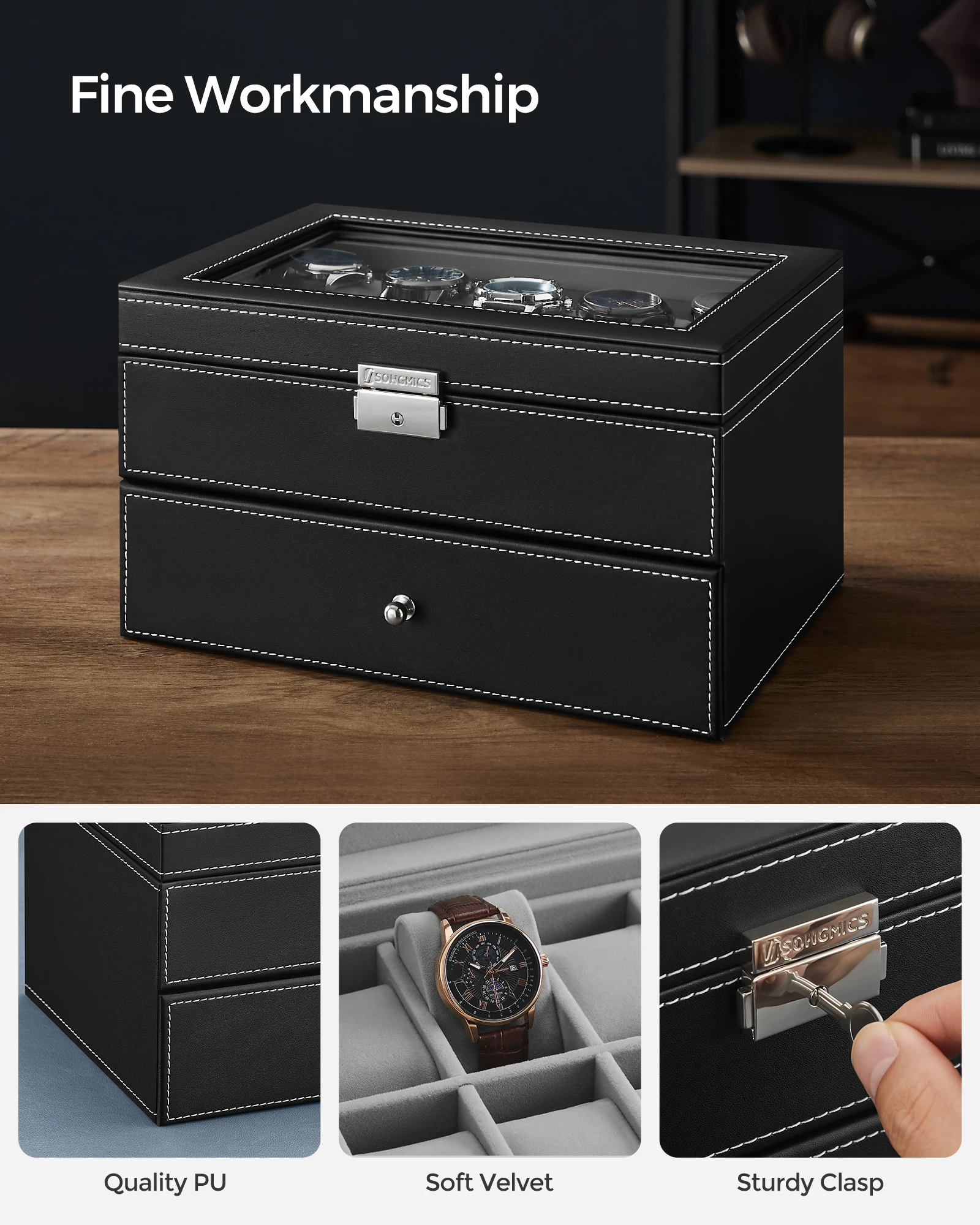 Black Synthetic Leather 20-Slot Watch Box with Glass Lid, Two-Layer Lockable Display Case, Velvet-Lined Organizer for Watches and Jewelry, Medium Density Fiberboard & PU Construction, Elegant Storage for Home & Office Black Synthetic Leather 20-Slot Watch Box with Glass Lid, Two-Layer Lockable Display Case, Velvet-Lined Organizer for Watches and Jewelry, Medium Density Fiberboard & PU Construction, Elegant Storage for Home & Office