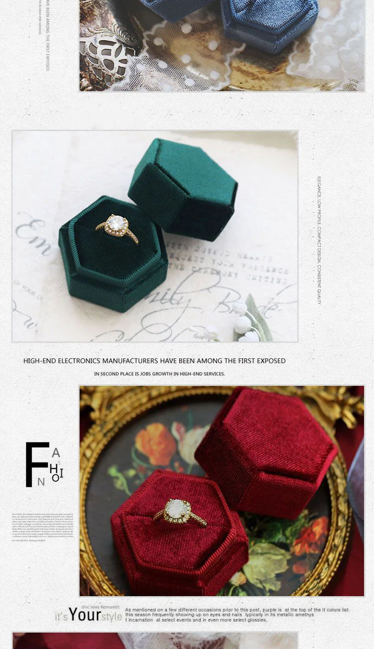 Vintage Hexagon Velvet Jewelry Double Ring Packaging Box | Elegant Engagement Wedding Ring Holder | Velvet Empty Case for Ceremony, Proposal, Valentine’s Gift Organizer Display
