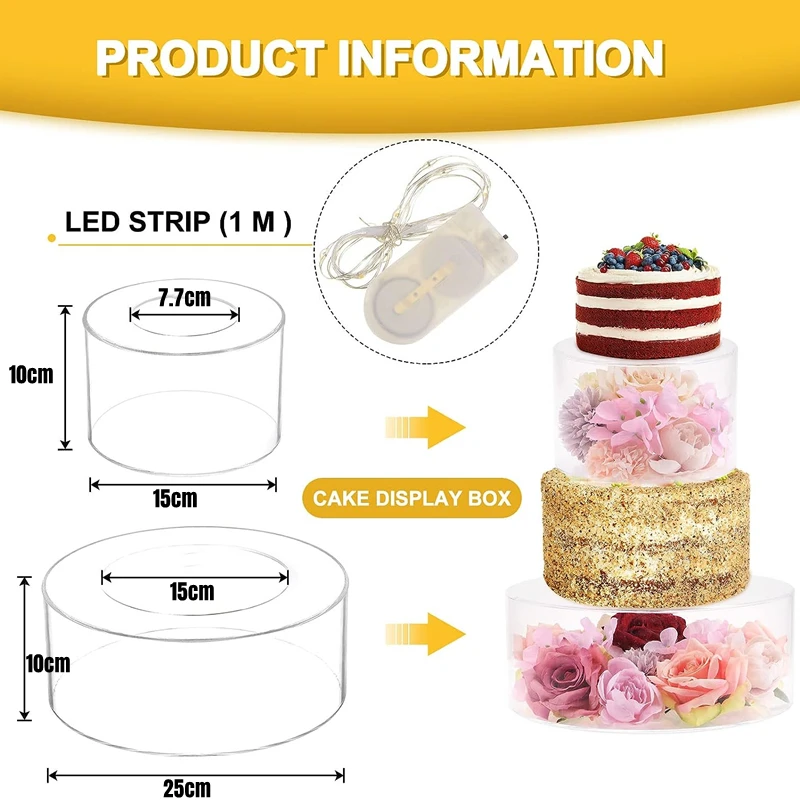 2Pcs Acrylic Cake Stand Fillable Risers, Clear Tiered Cake Display Boxes, Stackable Dessert Stand for Wedding, Birthday, Party, Bakery, Cupcakes, Pastries, Mousse, Holiday Celebration, Elegant Dessert Table Presentation 12