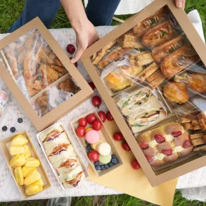 2pcs Picnic Kraft Paper Cake Boxes with Clear Windows, Multipurpose Dessert, Fruit and Food Packaging Containers, Takeaway, Home Kitchen, Party, Event, Buffet, BBQ, Picnic Storage and Carry Box