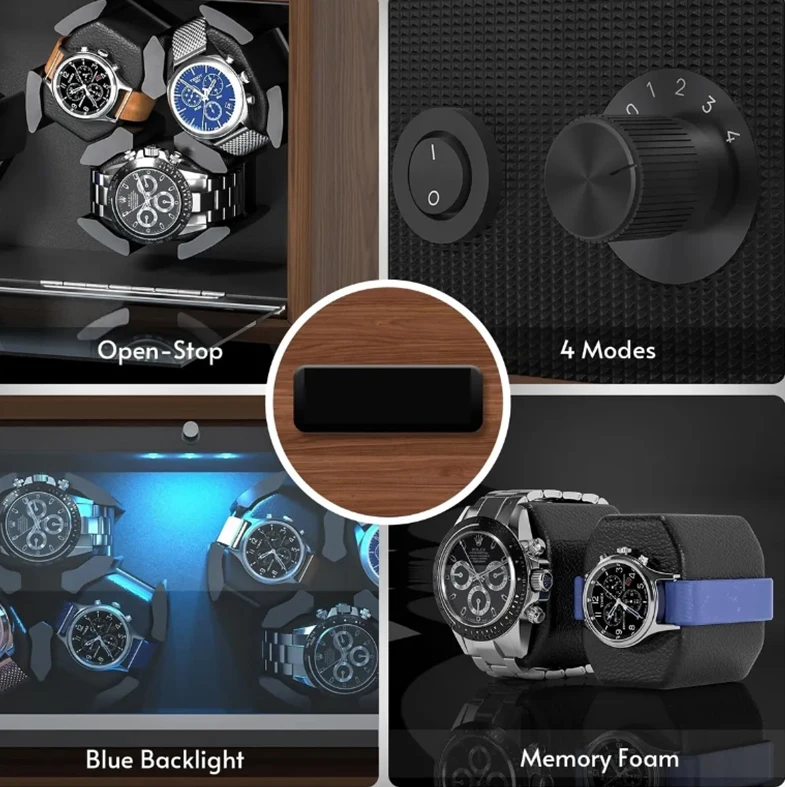 Automatic 6-Slot Watch Winder Box with Blue LED Light, Black Walnut Finish, Soft Memory Foam Pillows, Lid Sensor, Six Rotation Modes, Super Quiet Japanese Motor, PU Interior, AC Adapter Included, Ideal Gift for Luxury Watches 2