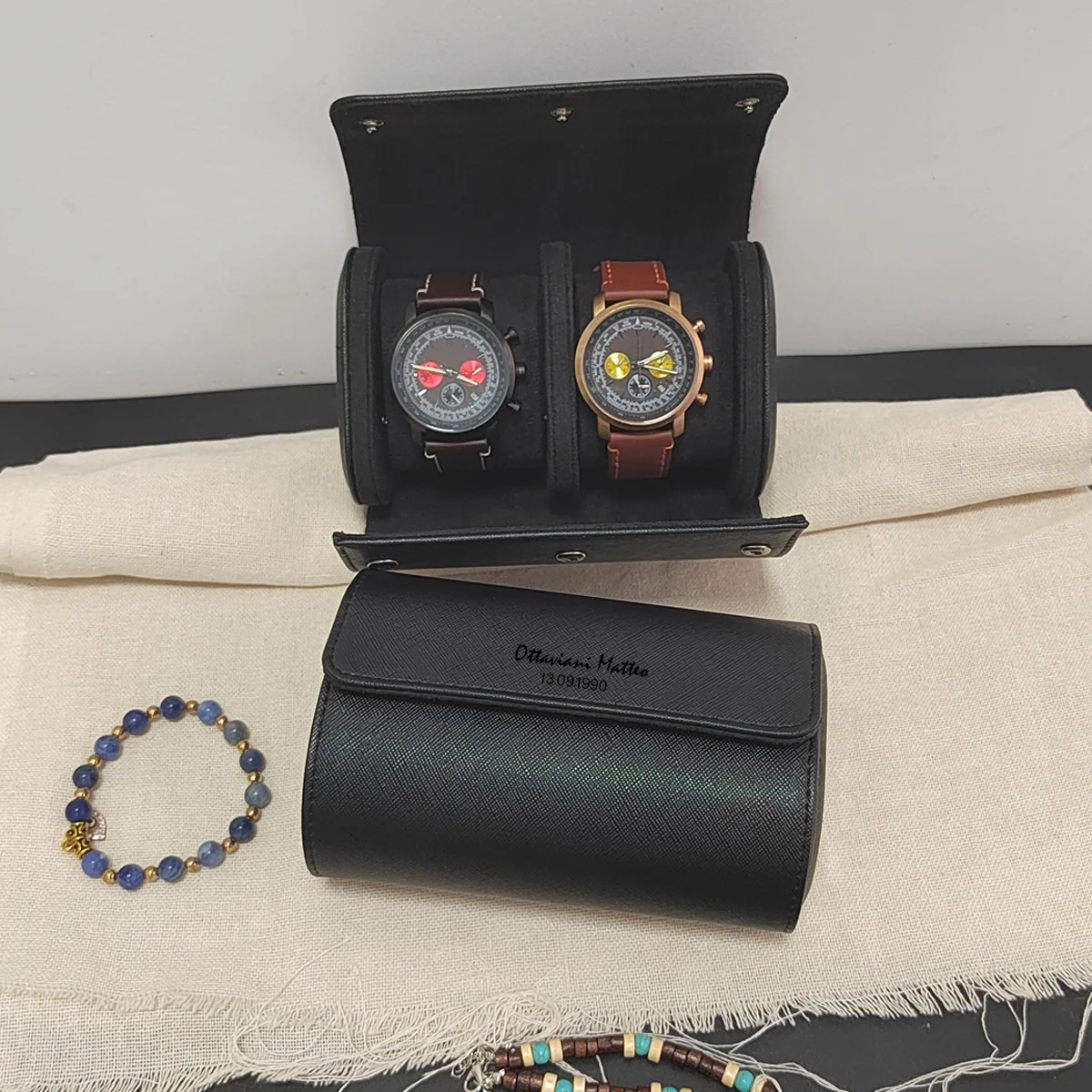 Travel Watch Organizer | Premium Genuine Leather Custom Watch Roll Case for 1/2/3 Watches, Personalized Engraved Travel Organizer Box for Men, Portable Luxury Watch Storage Display Holder with Soft Lining, Compact Gift Watch Case 2