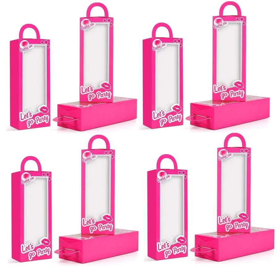 12PCS Hot Pink Doll Party Favor Boxes with Handles, Cute Gift Boxes for Candy, Cookies, Treats, Birthday Decorations, Bachelorette Party Supplies, Goodie Bags, Doll-Themed Props for Kids Girls Party