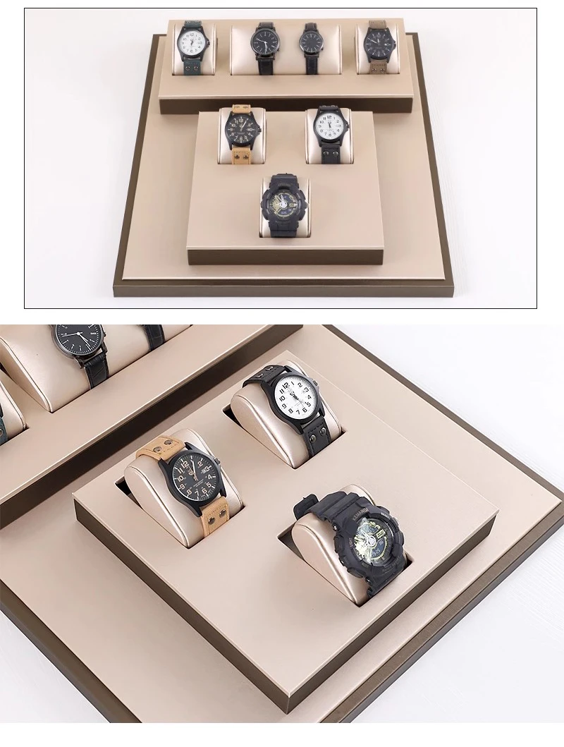 Luxury Brown Leatherette Watch Display Stand Holder – Retail Store Counter and Window Organizer for Watch Presentation, Ramp Base Desk Prop for Jewelry Shop Showcase and Professional Display Use 13