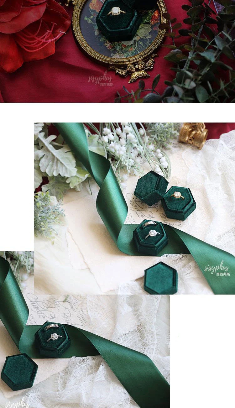 Vintage Hexagon Velvet Jewelry Double Ring Packaging Box | Elegant Engagement Wedding Ring Holder | Velvet Empty Case for Ceremony, Proposal, Valentine’s Gift Organizer Display