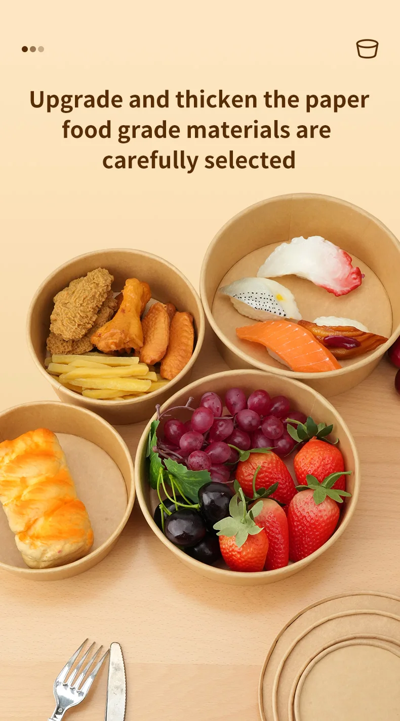 25pcs Kraft Paper Round Bowls Lunch Box Bento Box Food Containers with Lid Disposable Takeaway Soup Salad Noodles Meal Prep Eco-Friendly Food Storage for Picnic Party Travel 2