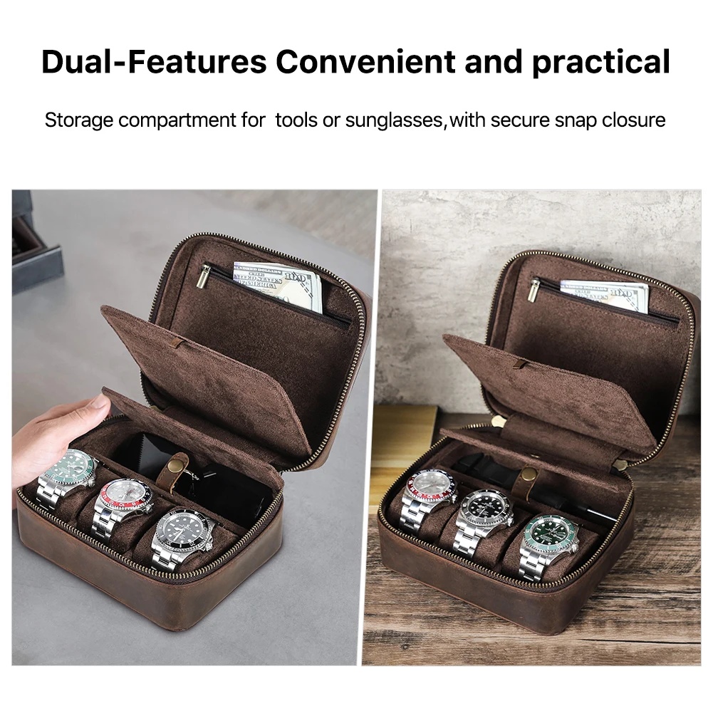 Travel Watch Organizer | Premium Retro Genuine Leather Travel Organizer for Watches, Sunglasses and Jewelry with Soft Velvet Lining, Multi-slot Storage Box, Elegant Gift Case for Men and Women, Portable and Durable Luxury Design - 图片 4