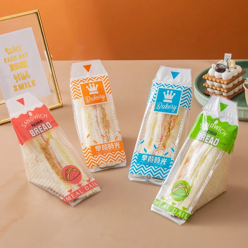 100 Pieces Transparent Anti-Fog Disposable Triangle Sandwich Bags 17.5x23.5cm for Sandwiches, Toast, Burgers, Cake & Bread Packaging, Easy Tear, Food-Safe, Lightweight & Practical for Home & Commercial Use - 图片 5