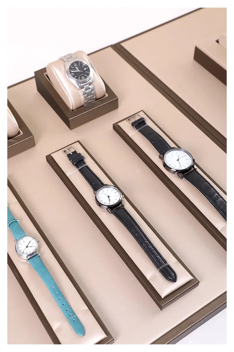 Luxury Brown Leatherette Watch Display Stand Holder – Retail Store Counter and Window Organizer for Watch Presentation, Ramp Base Desk Prop for Jewelry Shop Showcase and Professional Display Use 12
