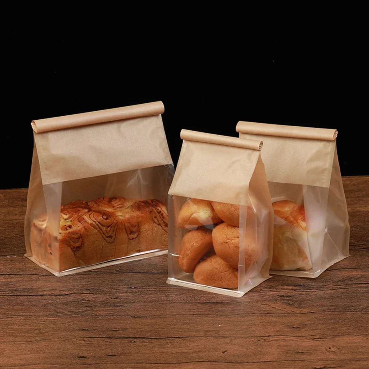 10 Pack Kraft Paper Bread Bags with Clear Window, Oil-Resistant and Self-Sealing Toast Cookie Pastry Biscuit Packaging Pouches, Wire-Rolled Edge Design for Bakery, Breakfast, Parties, and Food Storage