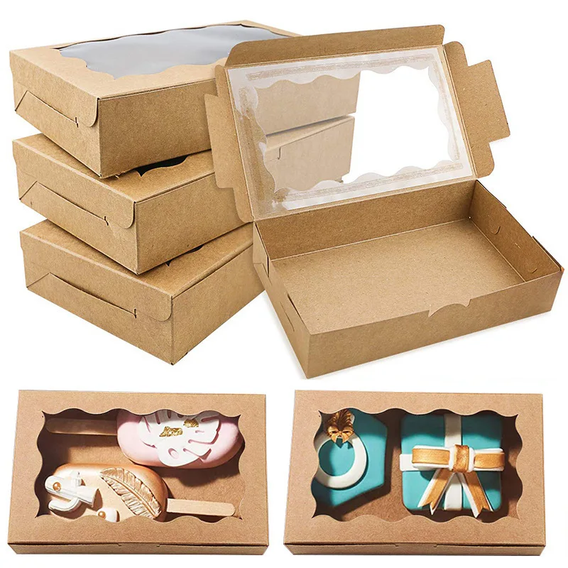 50PCS Kraft Paper Gift Boxes with Transparent Window – Rectangular Packaging for Cake, Candy, Chocolate, Jewelry, Wedding Favors, Bakery Display, Party Supplies, Twine & Tag Set 12