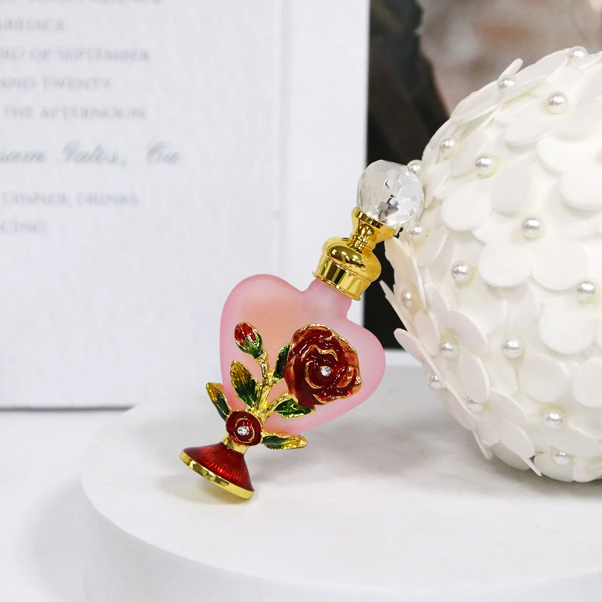 10ml Luxury Rose Flower Glass Bottle with Metal Copper Cap and Stainless Steel Insert – Elegant Heart-Shaped Refillable Container for Essential Oils, Serums, Boutique Packaging, Travel and Gift Presentation 2