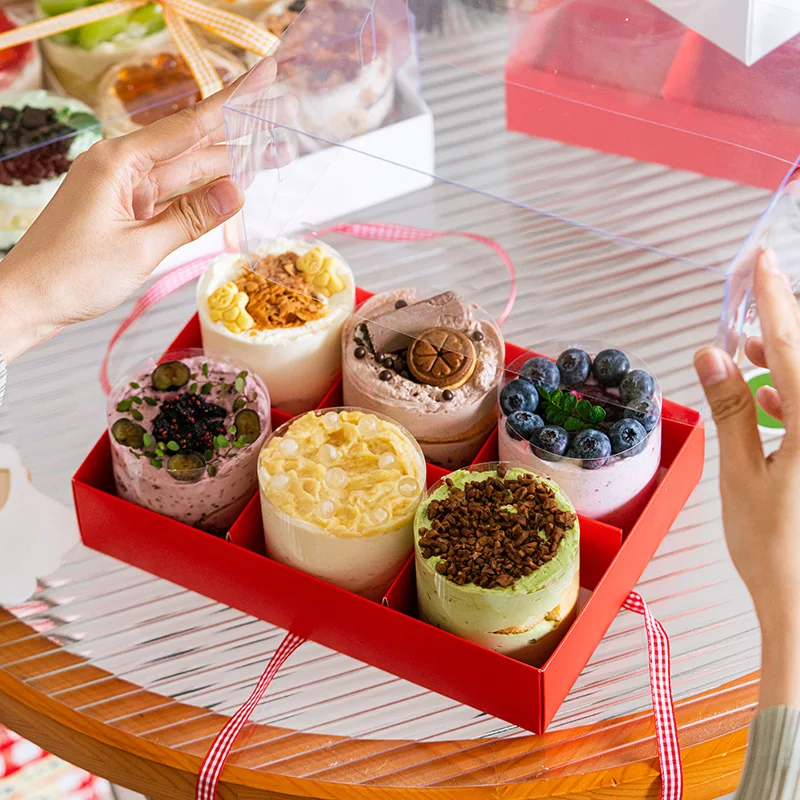 Clear Dessert Packaging Box with Handle – 4/6/9 Grid Transparent Mousse Cup Holder, Portable Cake Gift Box for New Year, Holiday Party, Birthday and Festival Celebration - 图片 5