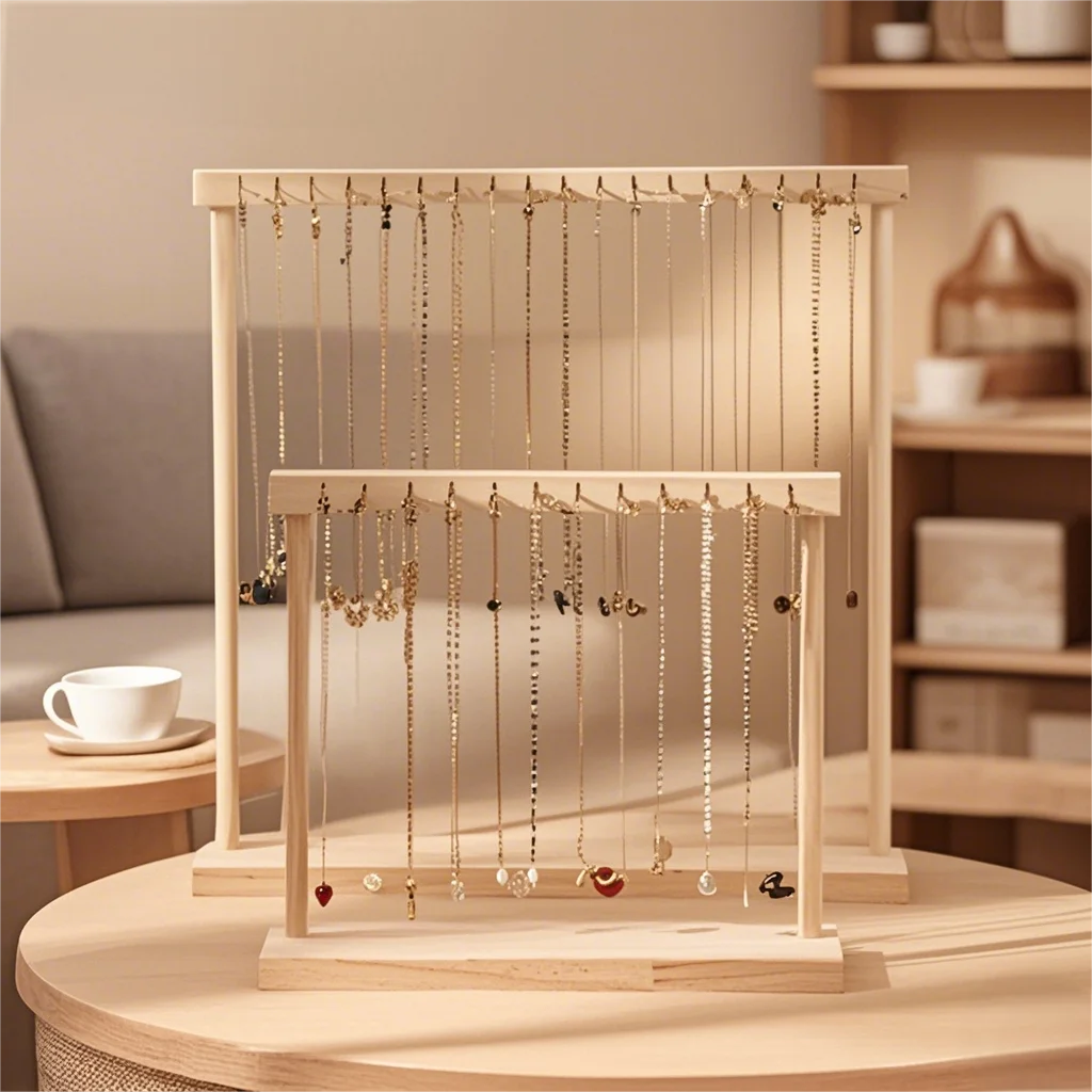 Wooden Jewelry Organizer Display Stand for Necklace, Earrings, and Bracelets – Countertop Chain Hanging Rack Jewelry Storage Display Prop with Velvet Finish for Boutique, Shop, Home Showcase - 图片 4
